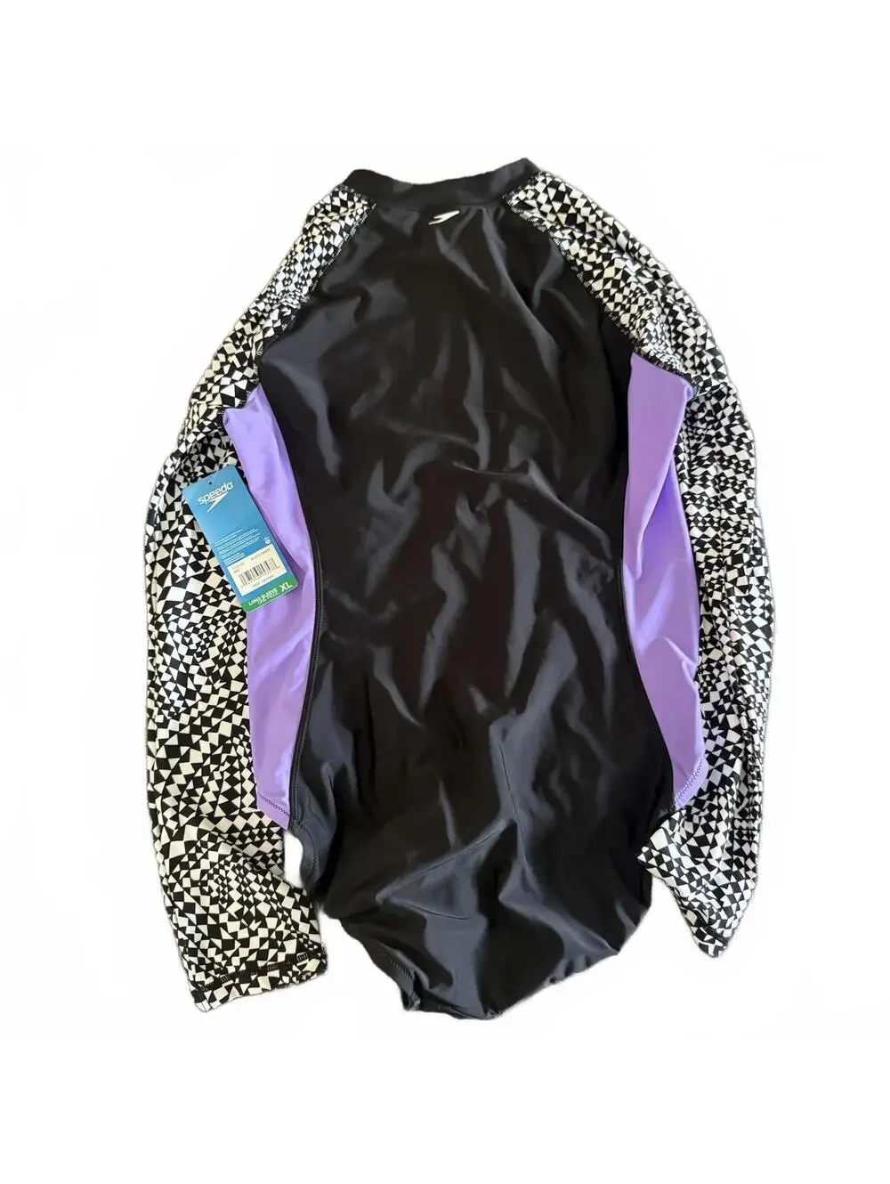 Black Speedo Long Sleeve One Piece XL Zip Front Colorblock Geometric - Picture 2 of 6